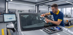 Technicien SOS Pare-Brise+ réparant un impact de pare-brise par injection de résine